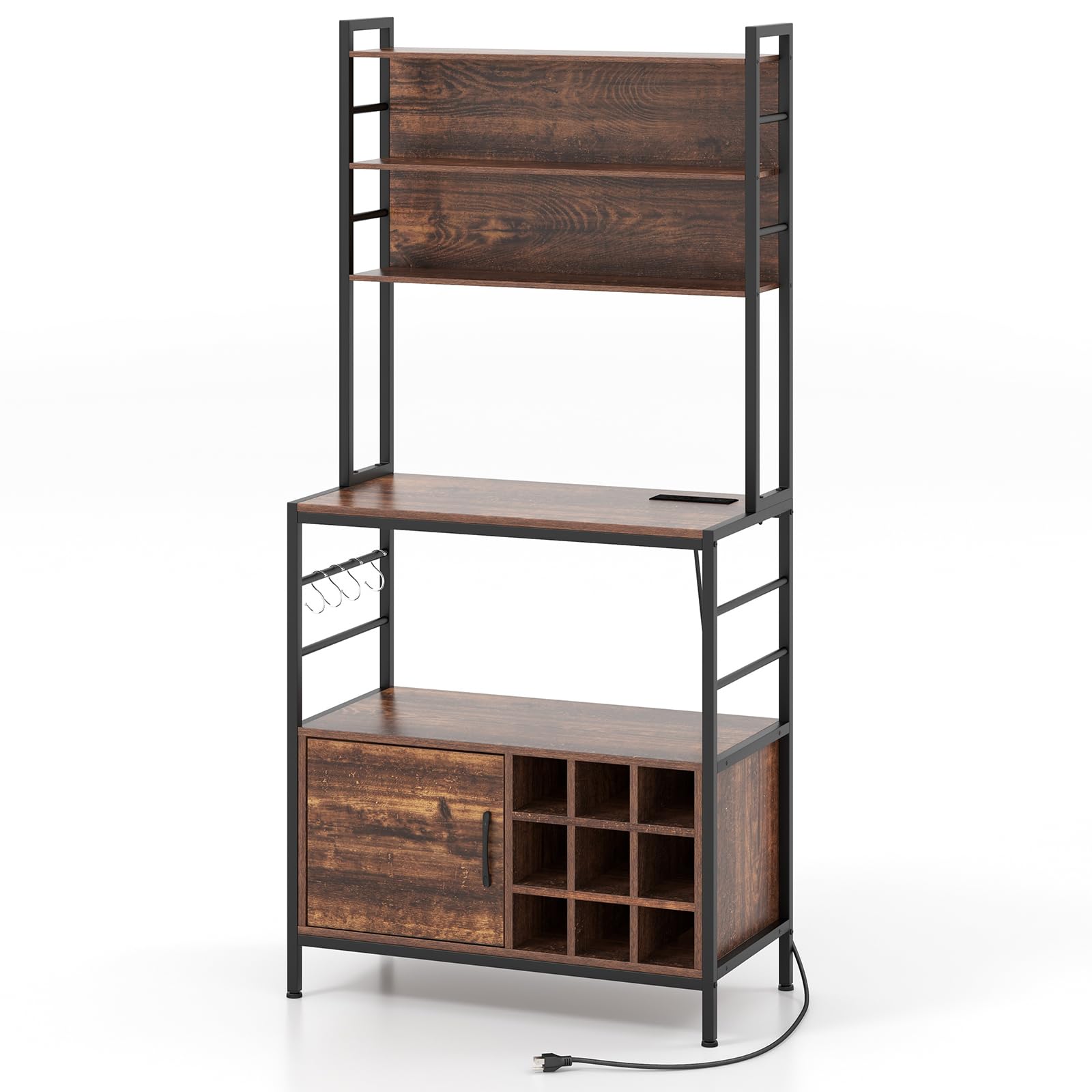 Giantex 170 cm Bakers Rack with Power Outlet, Coffee Bar Cabinet with S-Shaped Hooks & Wine Bottle Holders