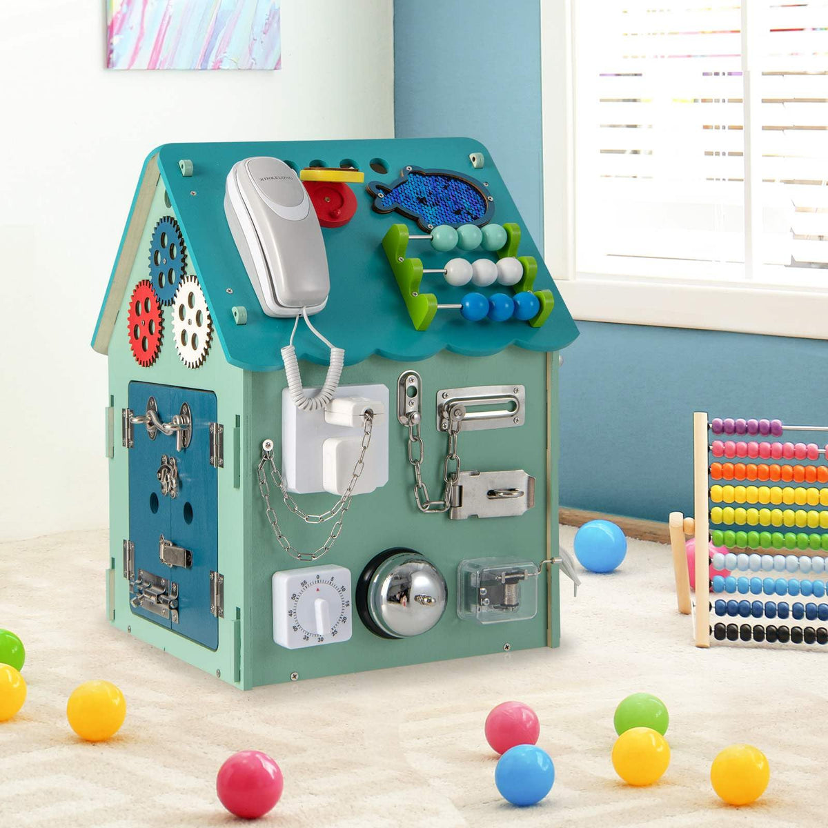 Kids Wooden Busy House Toy, Montessori Play House w/Sensory Games & Interior Storage Space