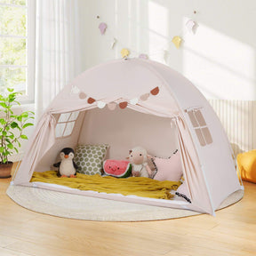 Twin Full Size Bed Tent for Kids, Foldable & Portable Canopy Tent on Twin Bunk Bed with 2 Windows and Flags