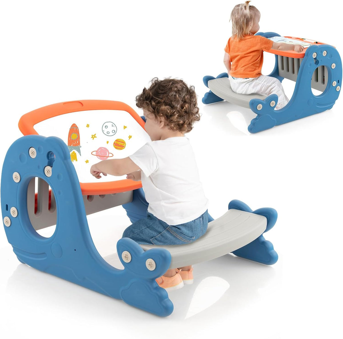HONEY JOY Convertible Kids Activity Table Set, Multi-Functional Angle-Adjustable Toddler Easel w/Erasable Whiteboard, Whale Shape