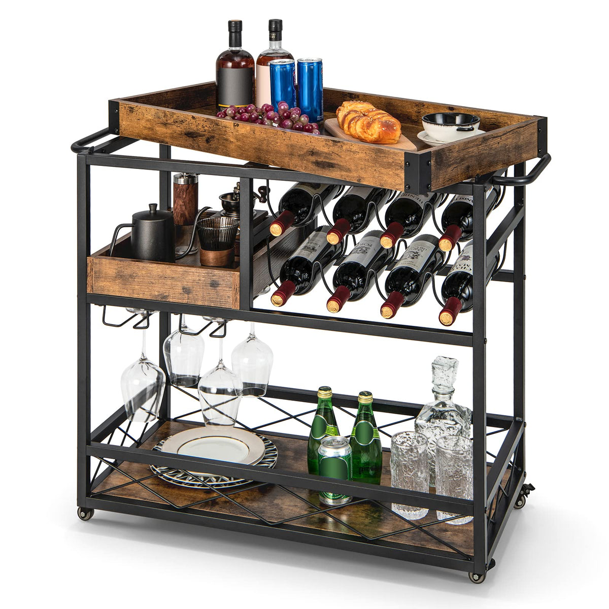 Home Bar Serving Cart, 3-Tier Rolling Bar Cart with Removable Tray