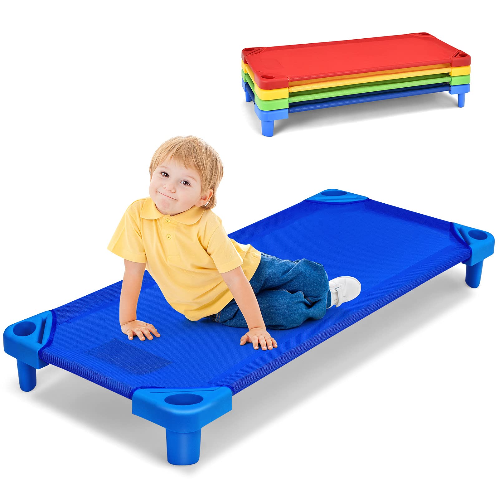 Kids Stackable Naptime Cot, Toddler Daycare Cots Rest Mat w/Easy Lift Corners