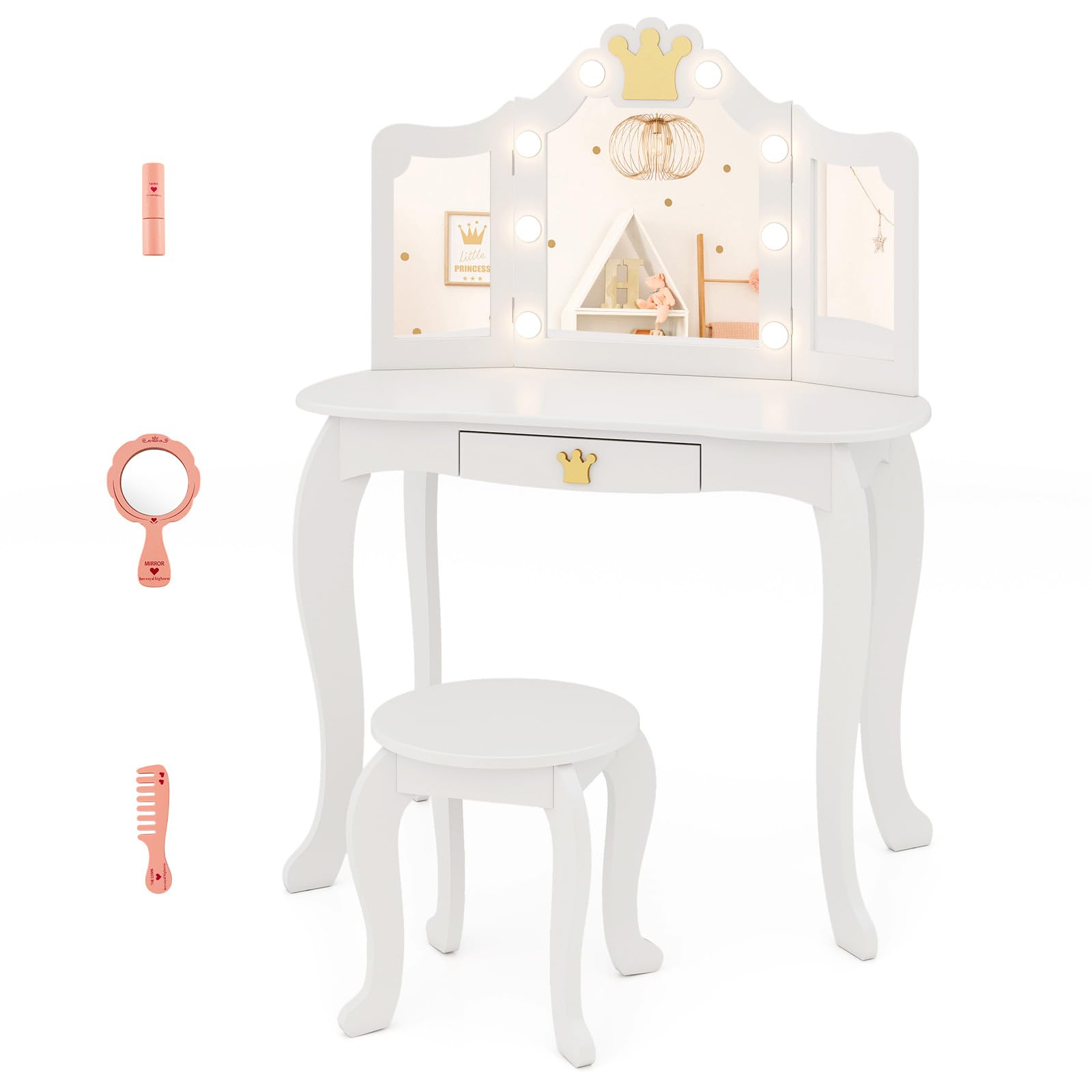 HONEY JOY Kids Vanity Set with 3-Color Adjustable Lighted Mirror