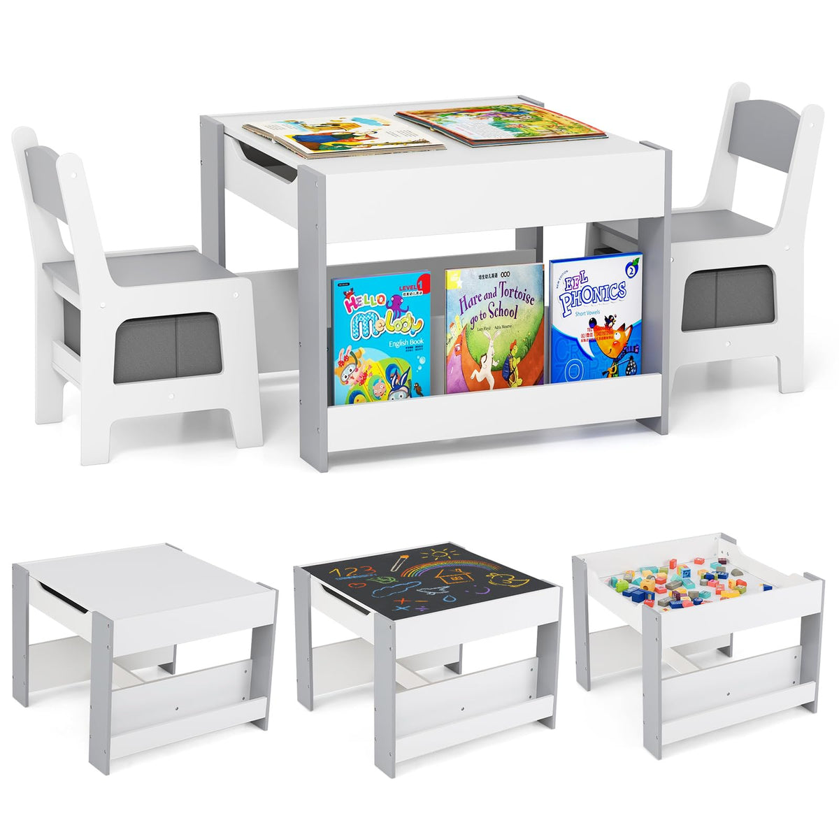 4-in-1 Kids Wooden Activity Table with Reversible Blackboard and Bookshelves