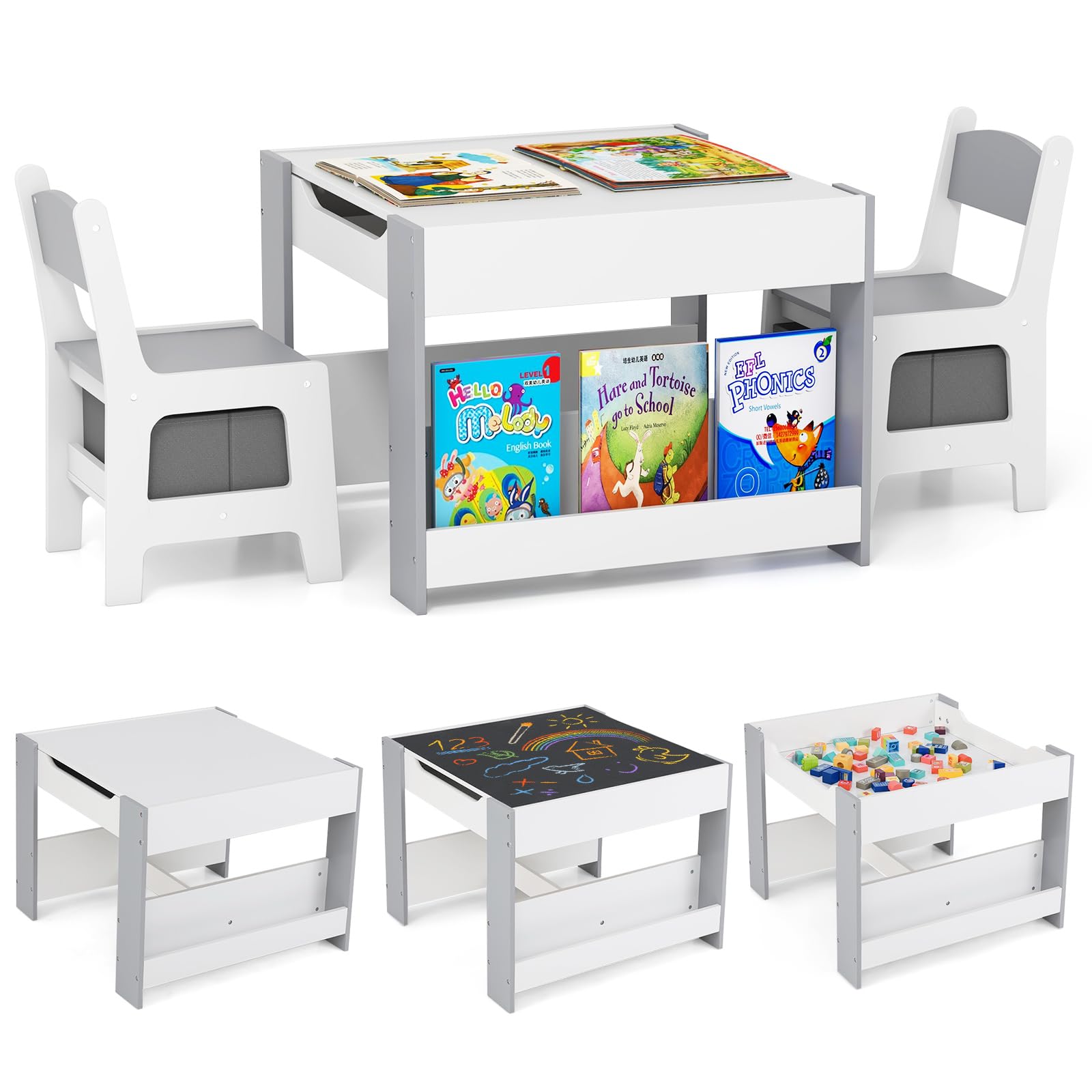 4-in-1 Kids Wooden Activity Table with Reversible Blackboard and Bookshelves