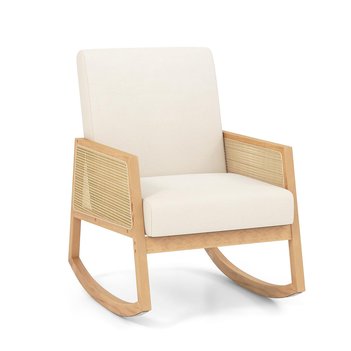 Giantex Rocking Chair with Rattan Armrests, Armchair with Upholstered Cushion & Wood Rattan Armrests