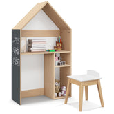 Kids House-Shaped Table and Chair Set with Storage & Blackboard