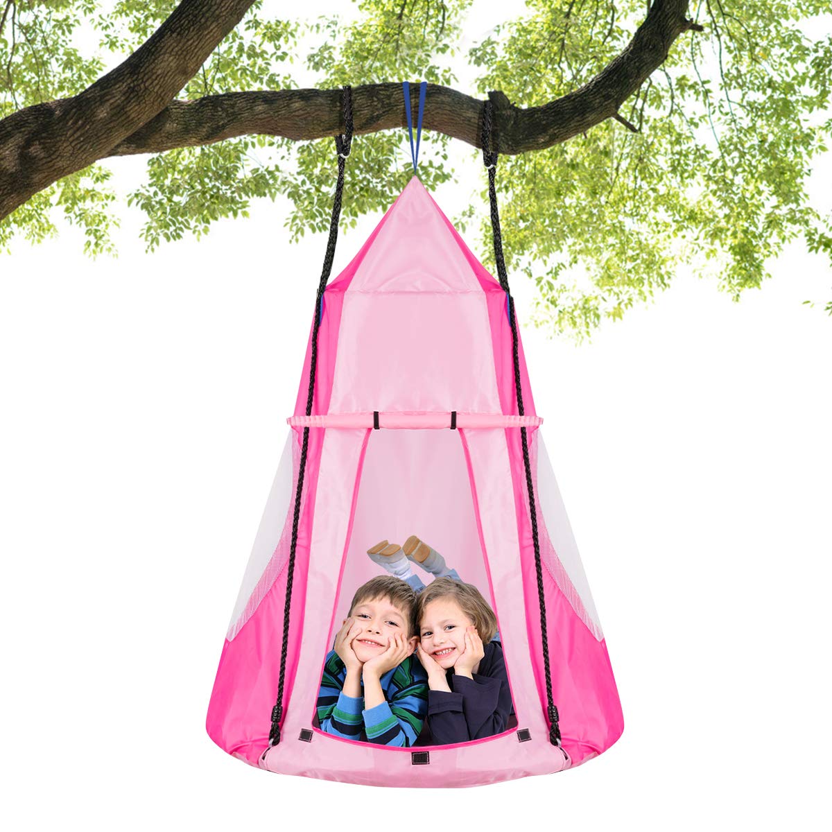 100cm Kids Detachable Hanging Tree Swing Tent, 2 in 1 Design Flying Swing & Nest swing Chair for Having Fun, Green