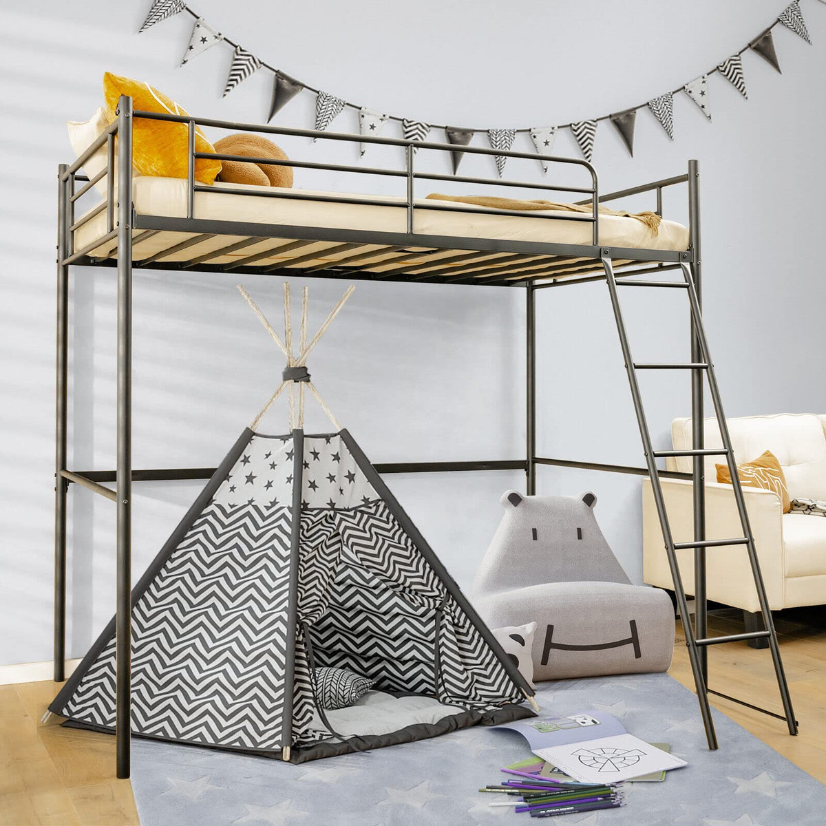Loft Bed with Ladder, Heavy-Duty Steel Bed Frame with High Guard Rails, Versatile Bed Frame with Ample Underneath Floor Space for Working & Relaxation