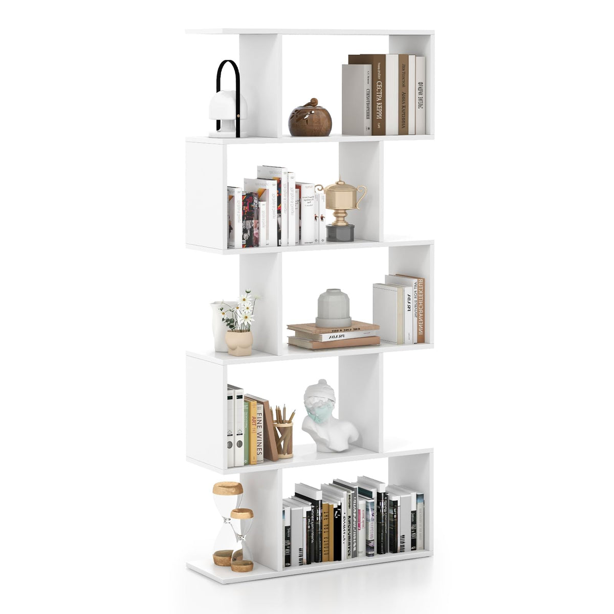 Giantex 5-Tier Bookshelf Geometric S-Shaped Bookcase w/Anti-Toppling Device