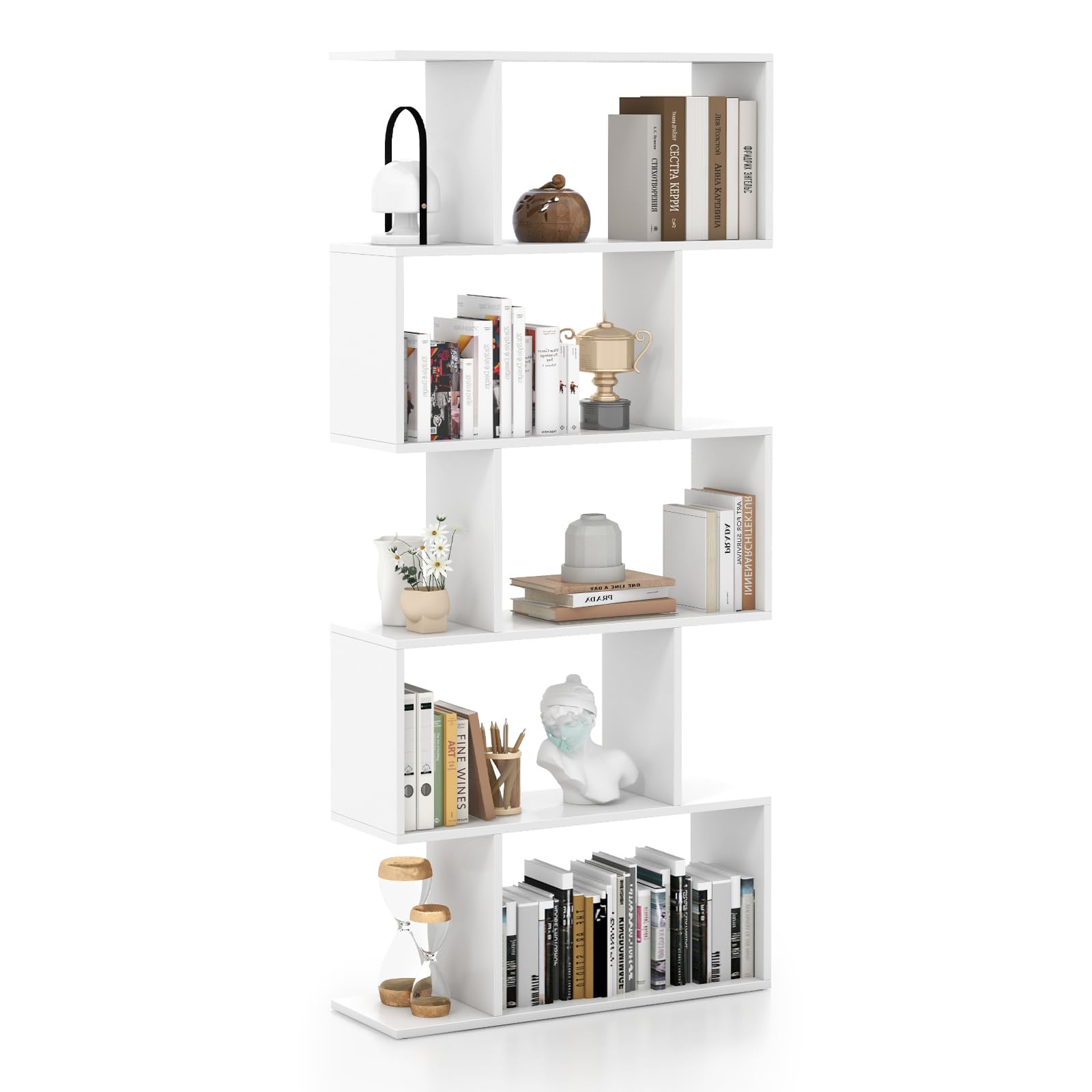 Giantex 5-Tier Bookshelf Geometric S-Shaped Bookcase w/Anti-Toppling Device