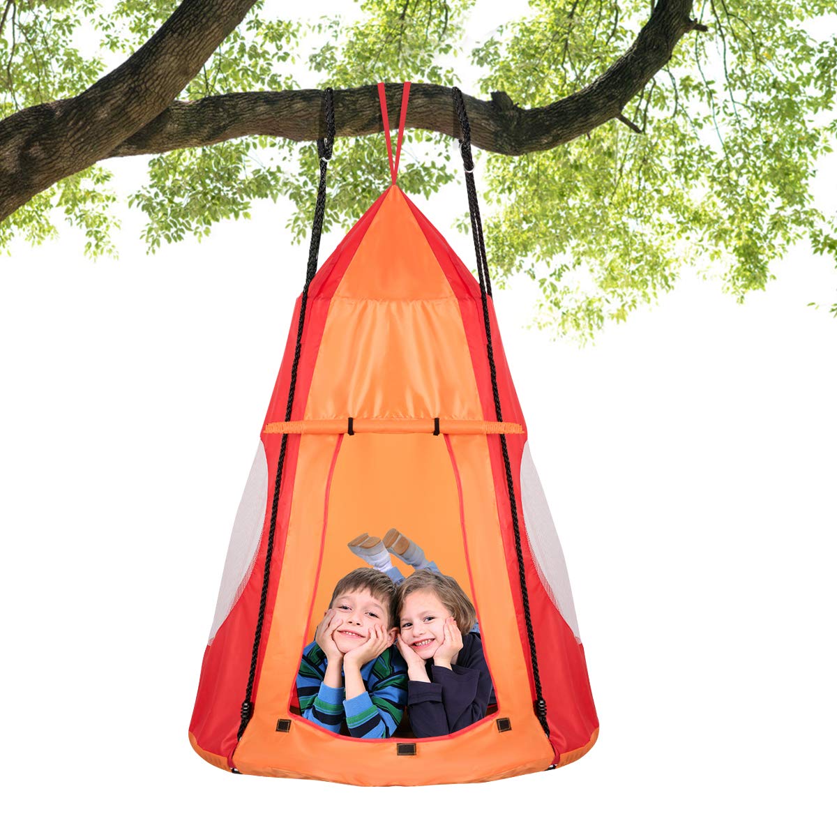 100cm Kids Detachable Hanging Tree Swing Tent, 2 in 1 Design Flying Swing & Nest swing Chair for Having Fun, Green