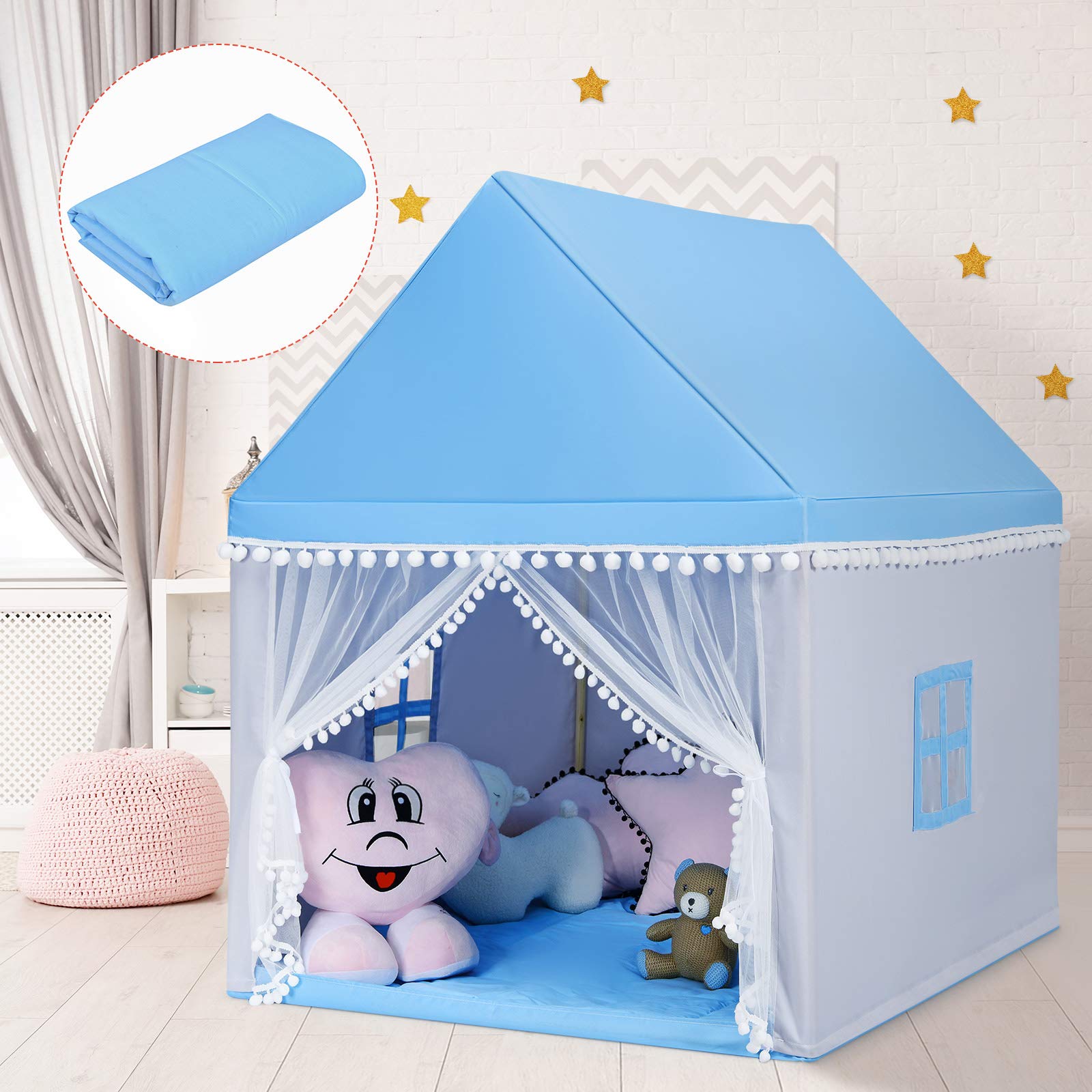 Kids Play Tent, Children Play House w/Solid Wood Frame & Cotton Mat