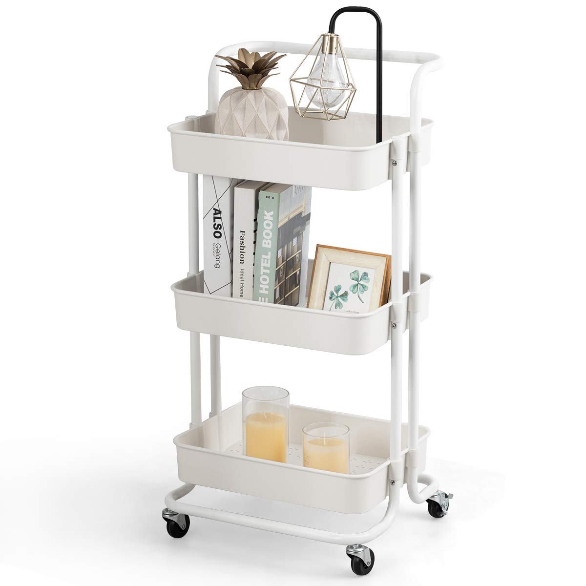 Giantex 3-Tier Kitchen Trolley Cart with Wheels, Multifunctional Cart with Utility Handle