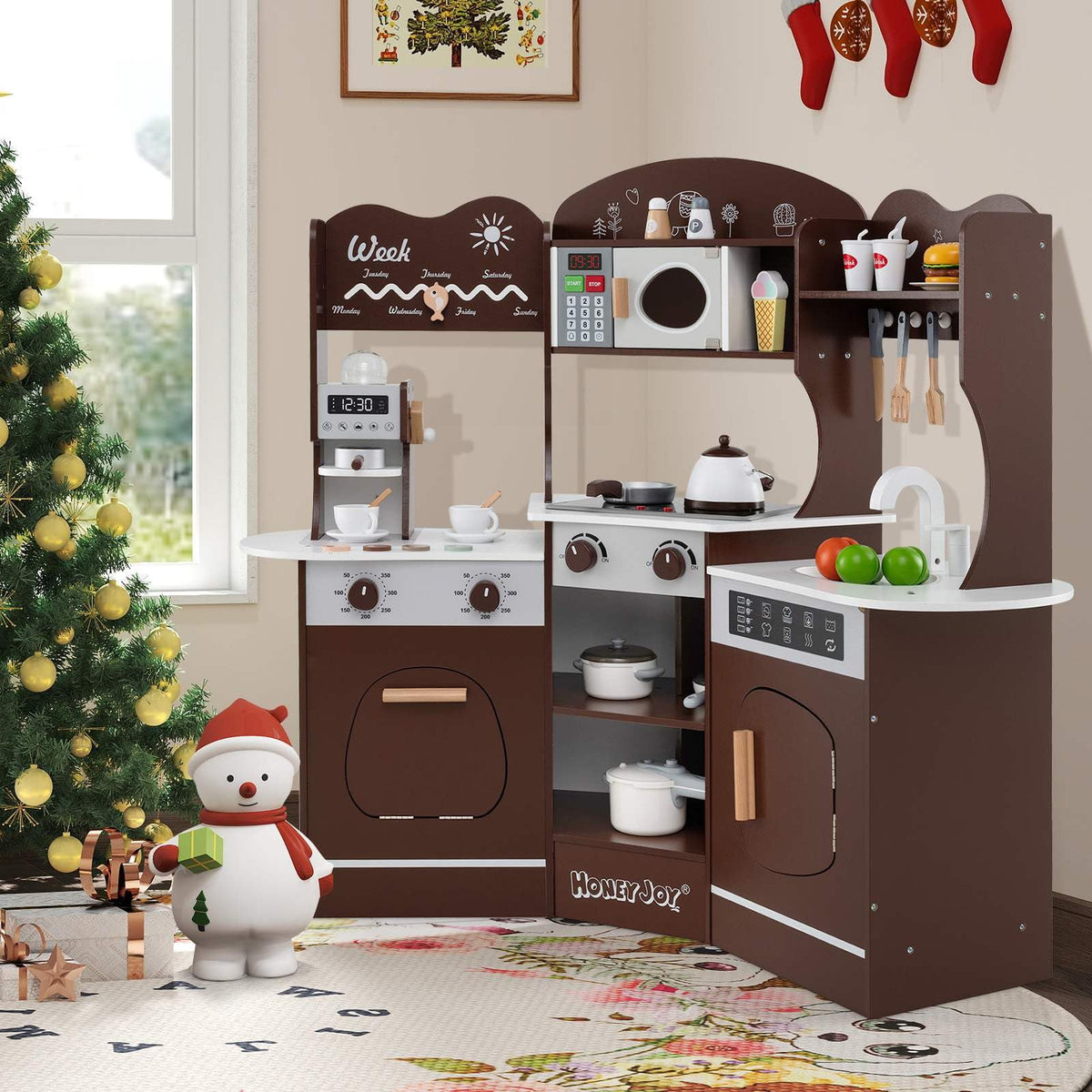 Corner Wooden Play Kitchen, 18 PCS Pretend Kitchen Playset w/Coffee Machine, Slide, Microwave, Oven