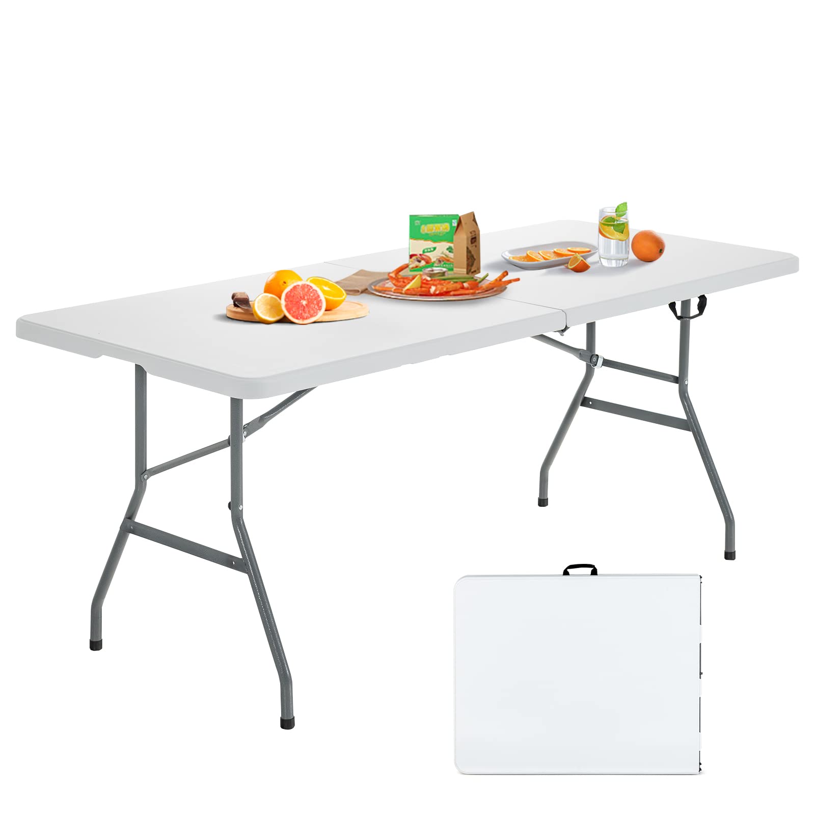 Giantex 180cm Plastic Folding Table, Indoor Outdoor Heavy-Duty Rectangular Picnic Table w/Carrying Handle