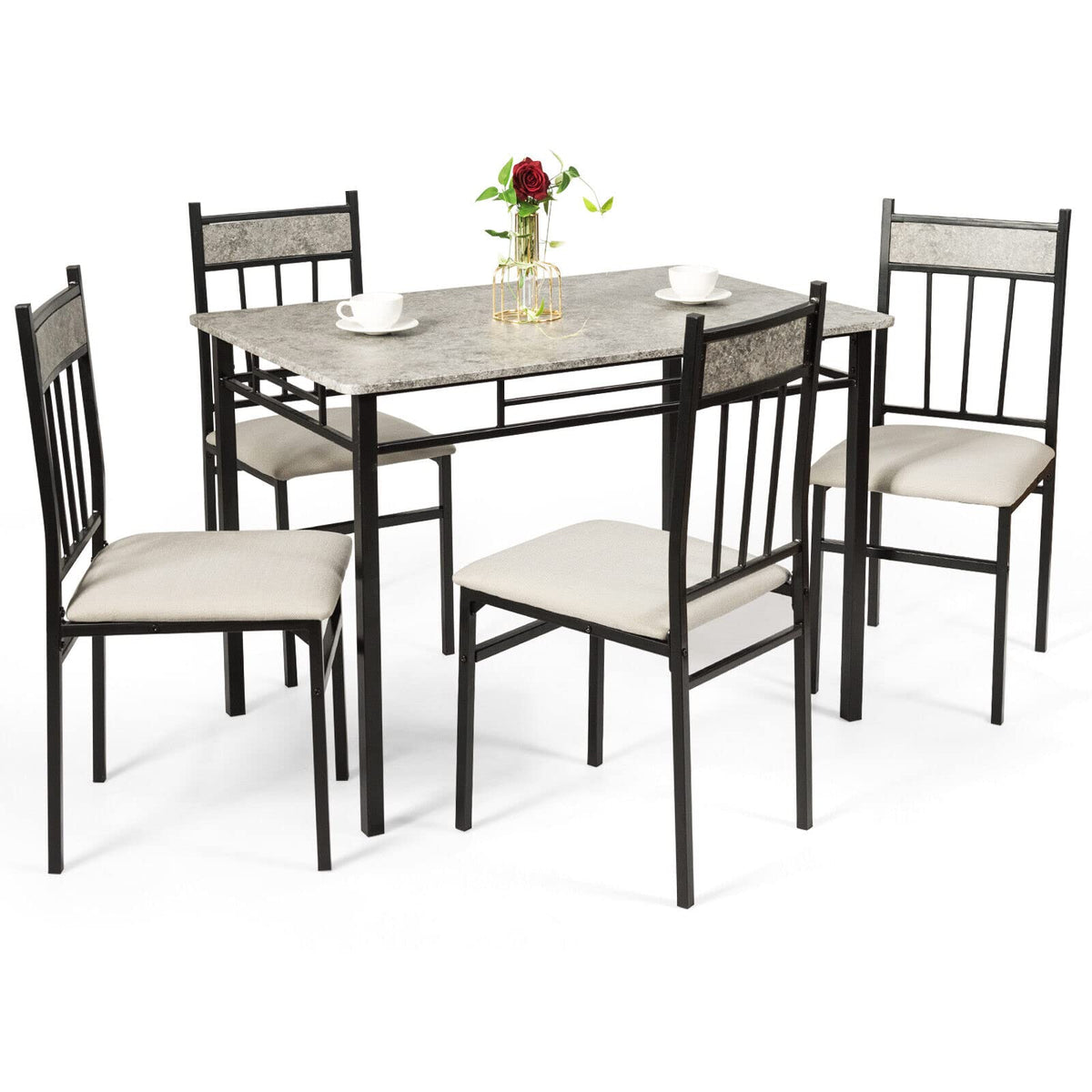 Giantex 5-Piece Dining Table Set w/Sturdy Metal Frame Table & 4 High-Back Chairs