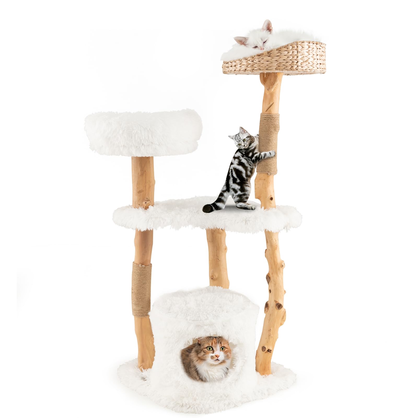 124 CM Tall Wooden Cat Tree, Solid Wood Cat Tower