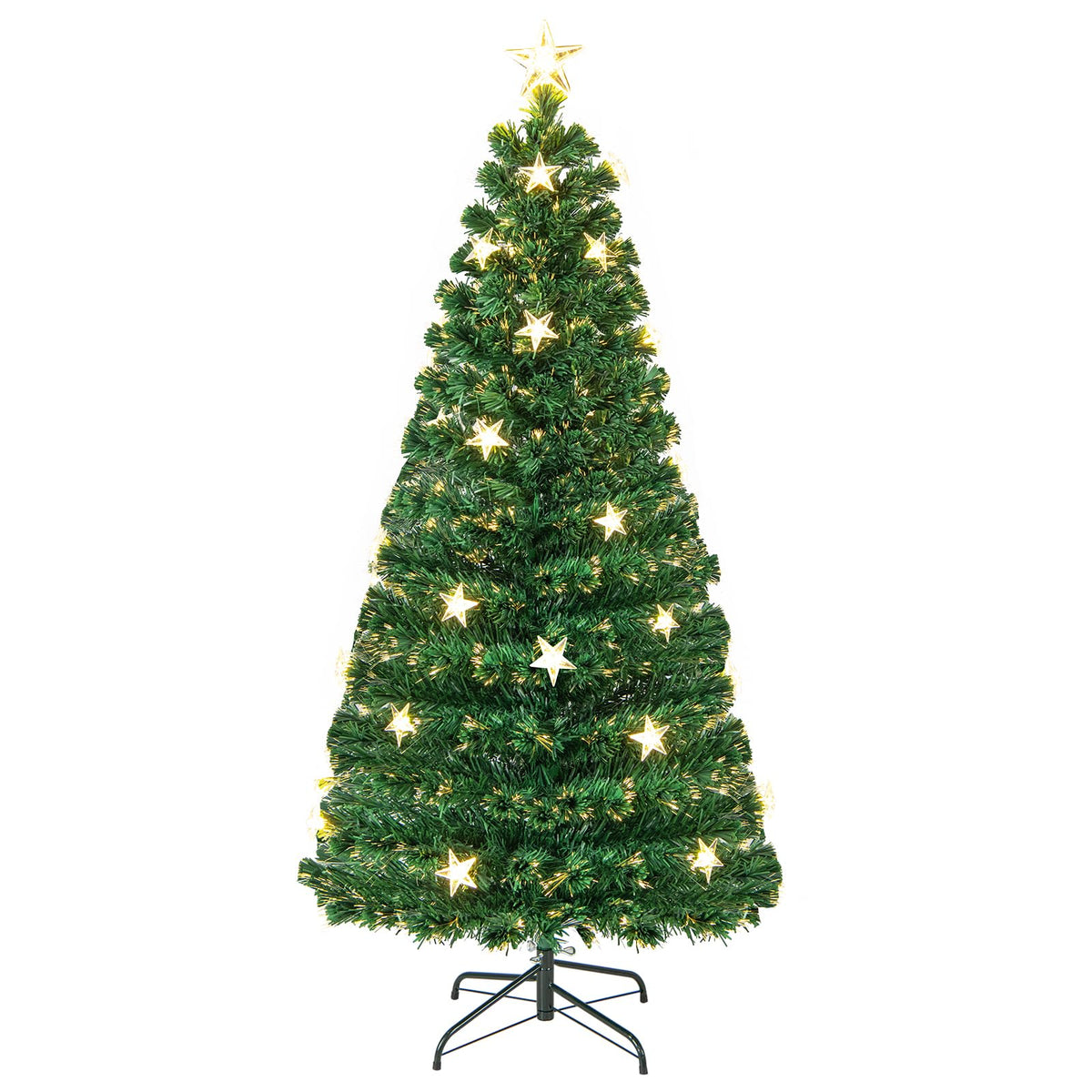 1.5M Pre-Lit Christmas Tree, Artificial Xmas Tree with 180 Branch Tips, 21 Warm White Star Lights, Fiber Optics
