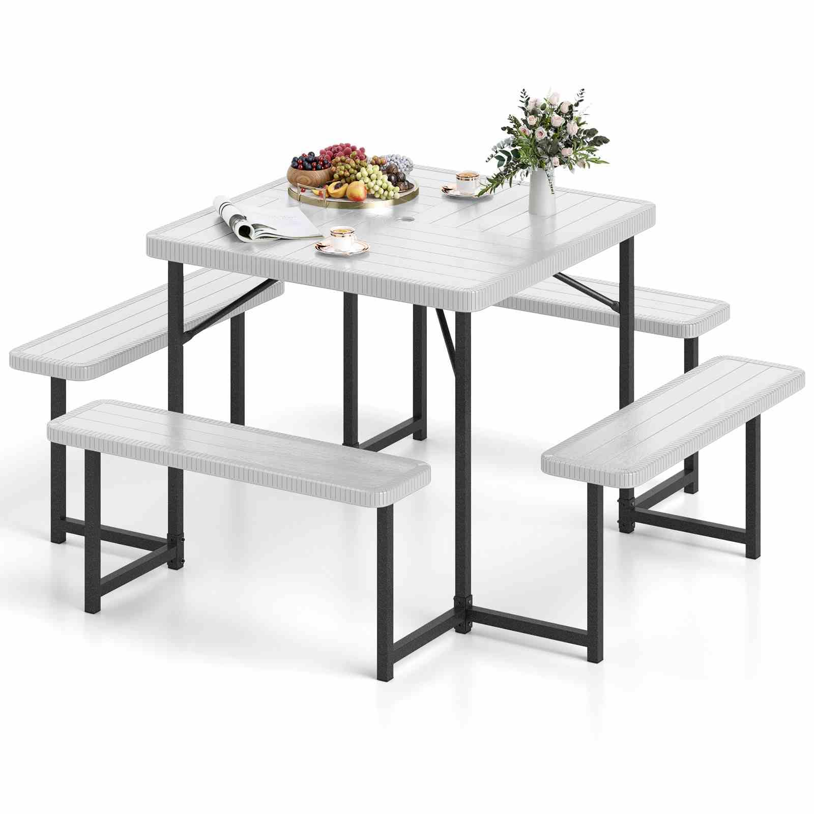 Outdoor Square Camping Dining Table & 4 Benches w/Umbrella Hole