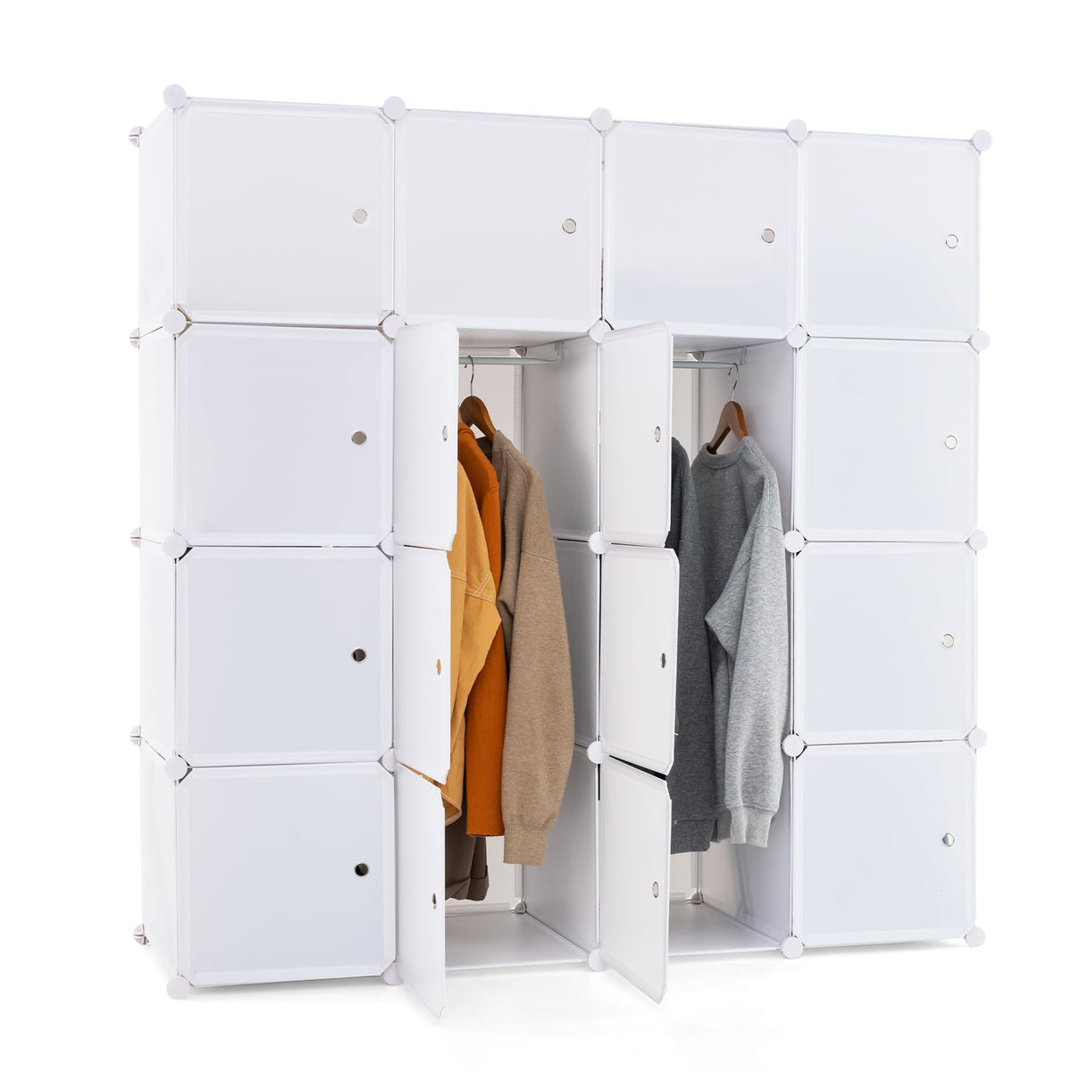 16-Cube Storage Organizer, DIY Modular Closet Storage Cabinet with Hanging Poles for Clothing