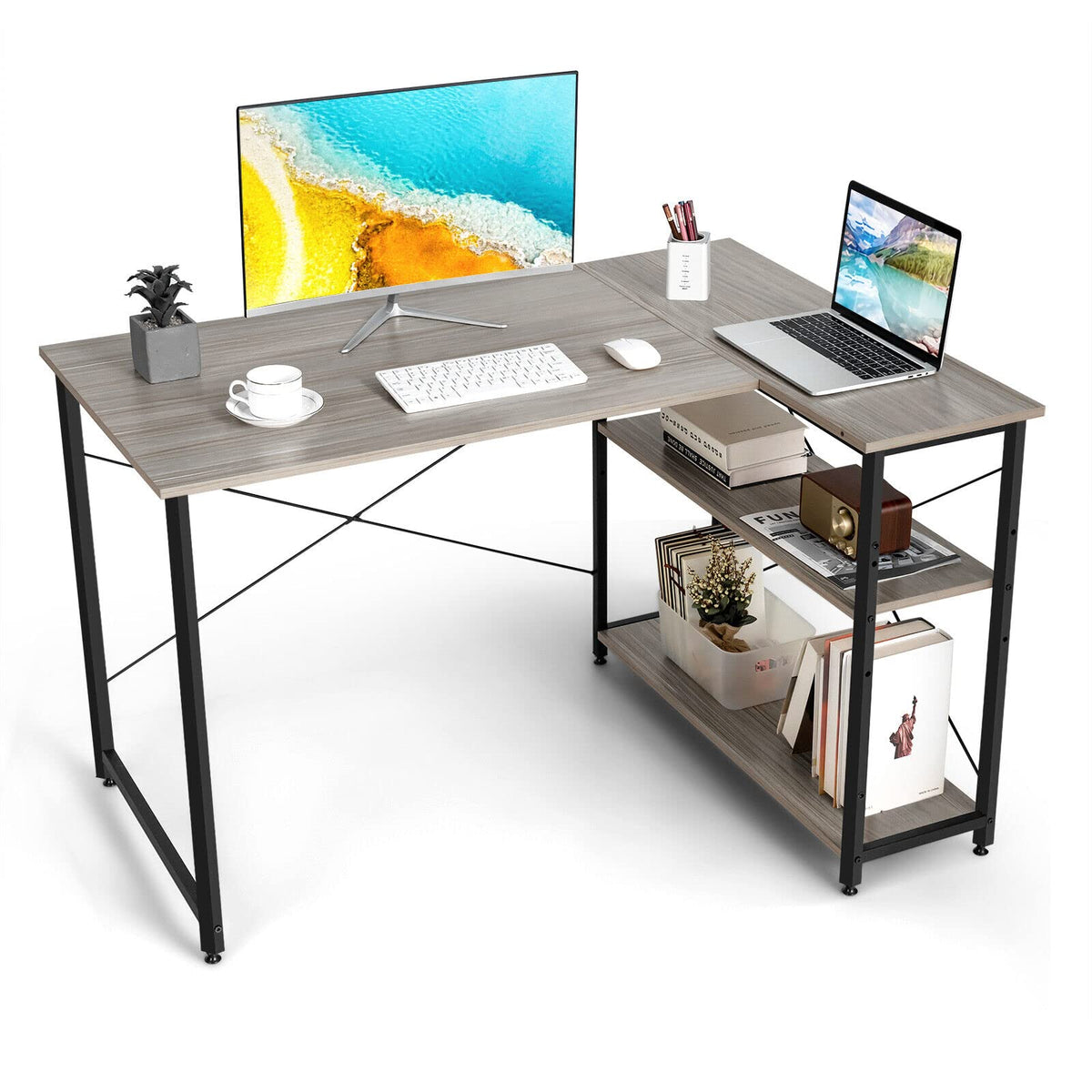 Giantex L-Shaped Desk 120 cm Writing Study Laptop Desk with Adjustable Storage Shelves