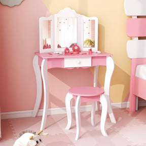 HONEY JOY Kids Vanity Table and Chair Set, 2-in-1 Kids Pretend Play Makeup Dressing Table Set with Tri-Folding Mirror