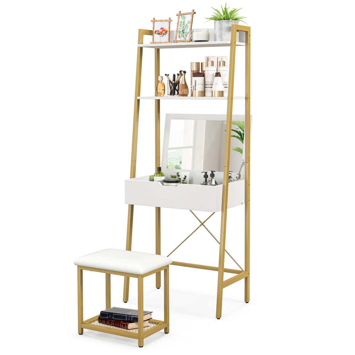 Giantex Vanity Set with Flip Top Mirror, Ladder Vanity Desk with Shelves