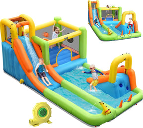 HONEY JOY 8 in 1 Inflatable Water Slide, Water Park w/Double Slides, Basketball Hoop, Water Gun