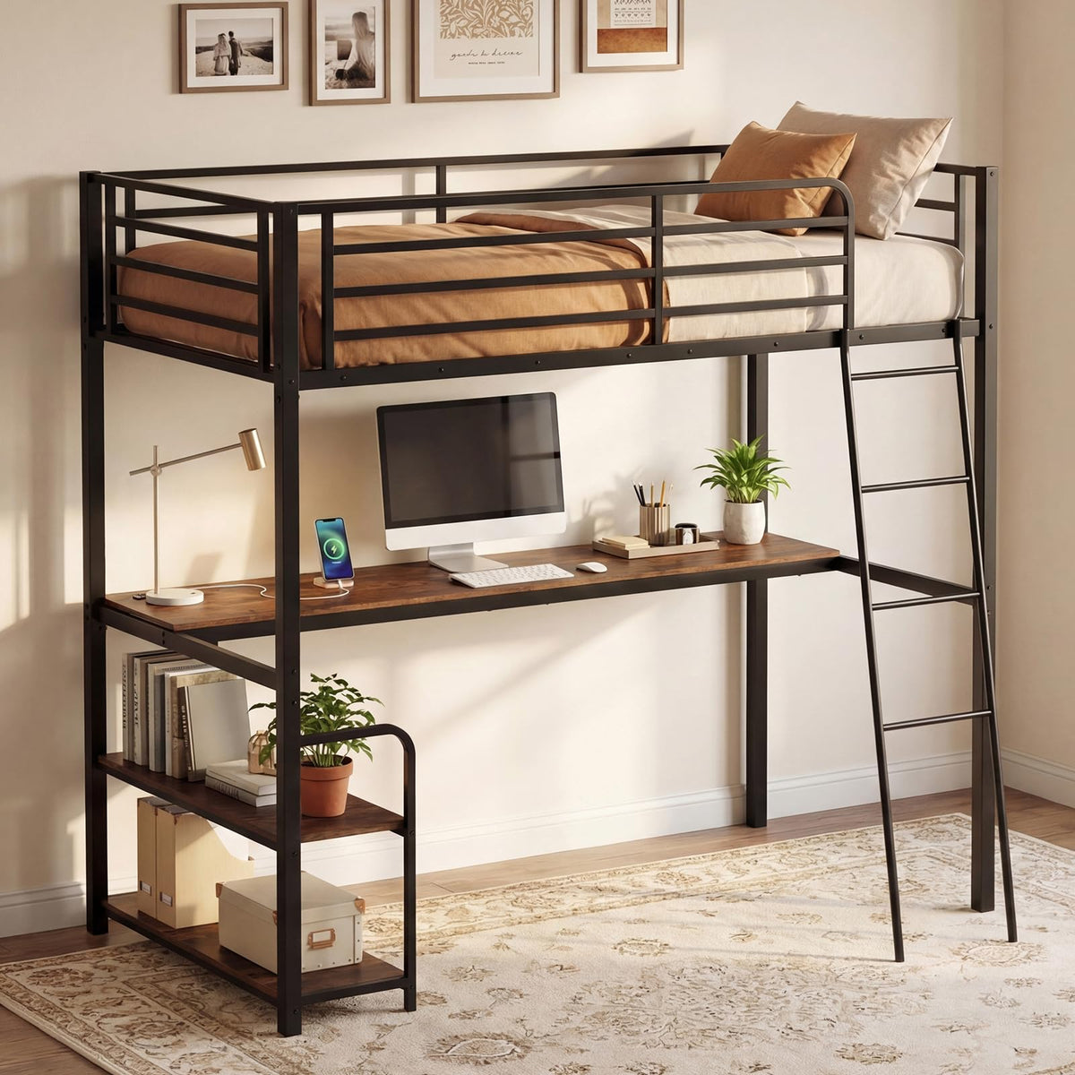 Loft Bed Single Size with Desk, 2-in-1 Metal Loft Bed Frame with Charging Station, Desk and 2 Shelves