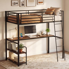 Loft Bed Single Size with Desk, 2-in-1 Metal Loft Bed Frame with Charging Station, Desk and 2 Shelves