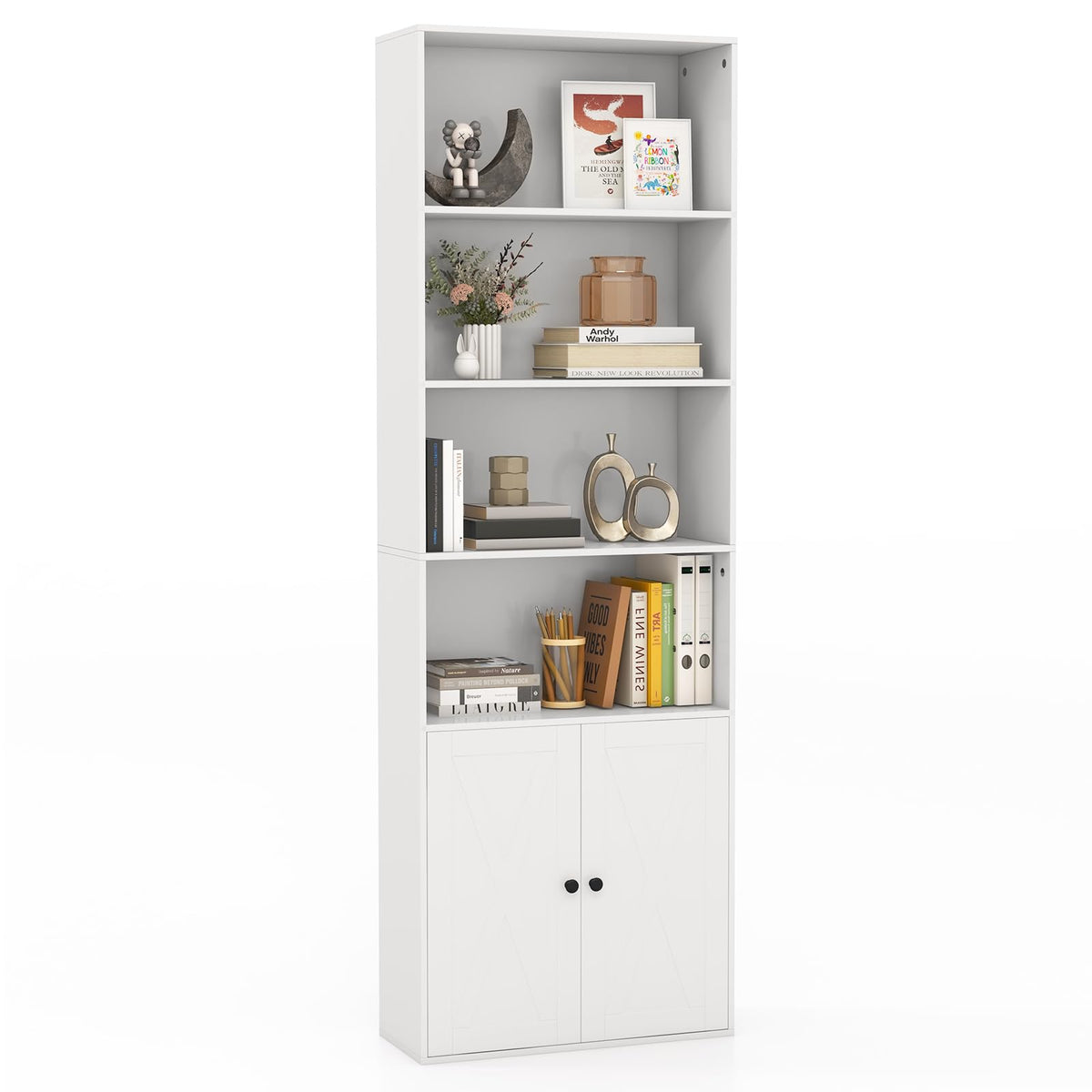 Farmhouse Bookcase with Doors, 180cm Freestanding Bookshelf with 6 Shelves & 2-Door Cabinet