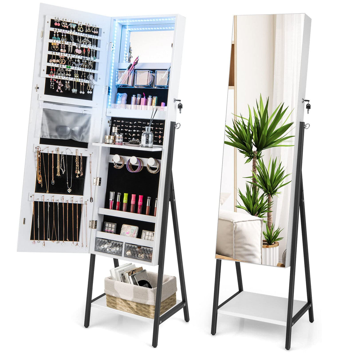 Giantex Freestanding Jewelry Cabinet, Lockable Floor Jewelry Armoire Organizer w/ Full-Length Mirror