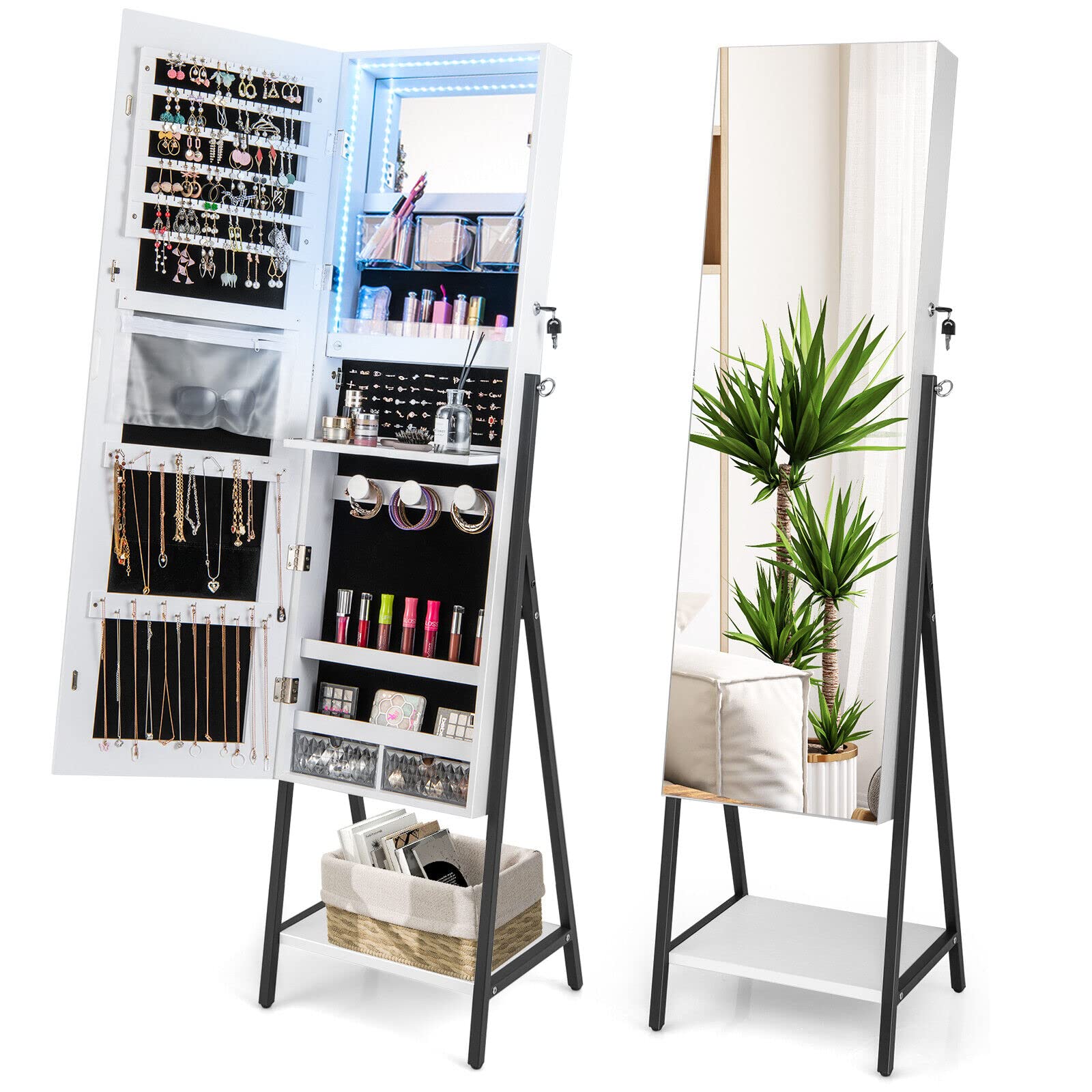 Giantex Freestanding Jewelry Cabinet, Lockable Floor Jewelry Armoire Organizer w/ Full-Length Mirror