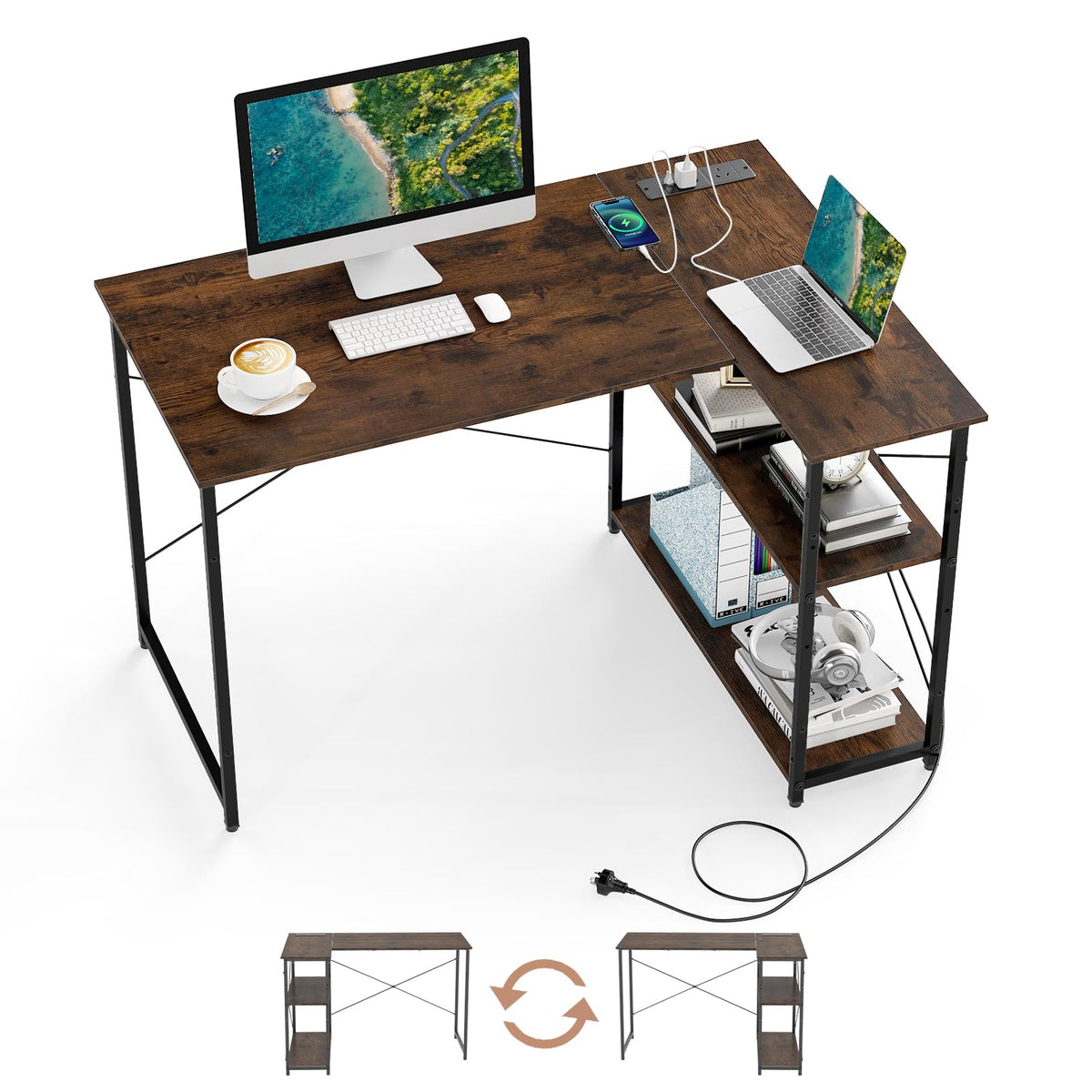 L-Shaped Desk with Power Outlet, Home Office Computer Desk with Reversible Adjustable Storage Shelves