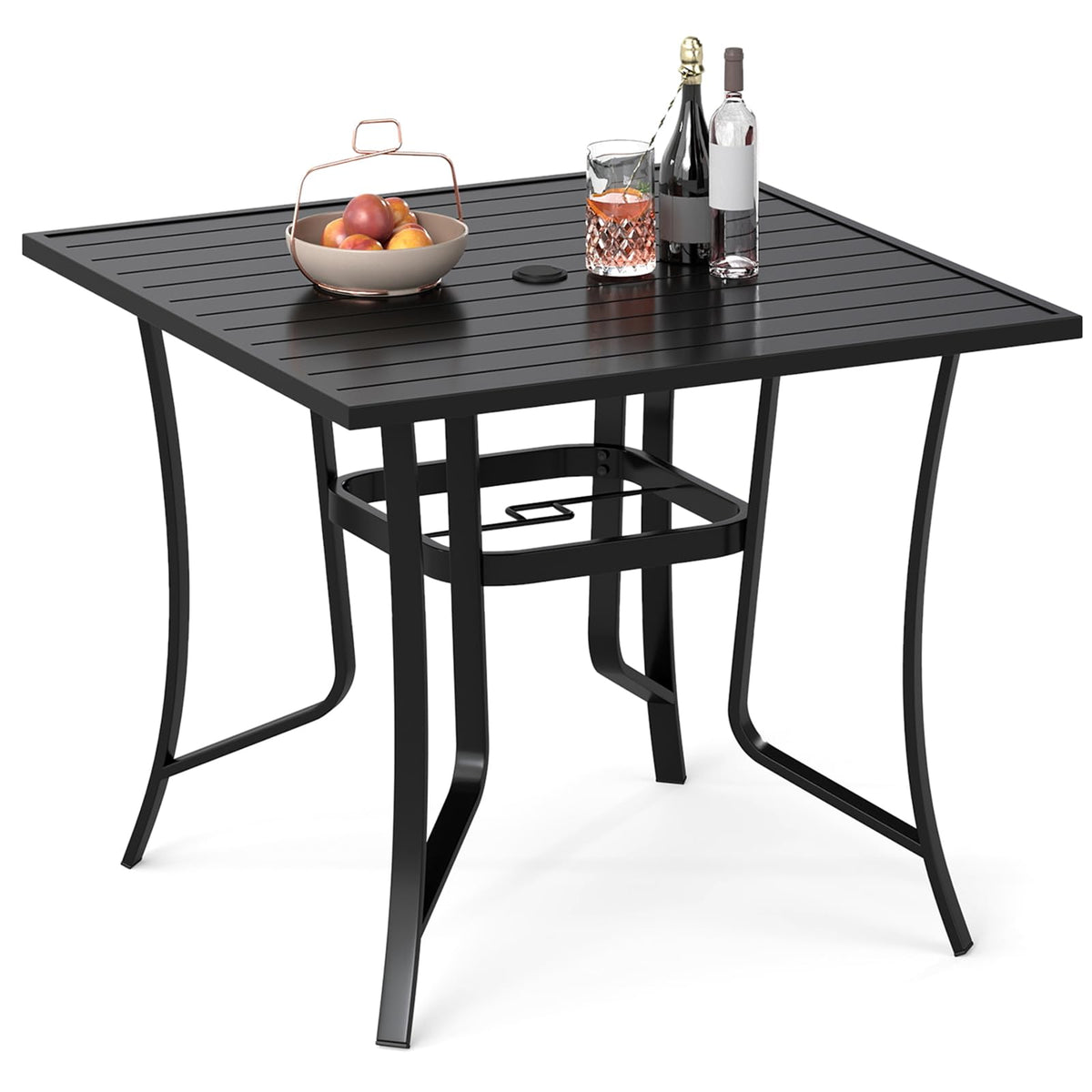 Square Patio Table for 4 , 91 cm Square Metal Slat Table with 4-6 cm Adjustable Umbrella Hole