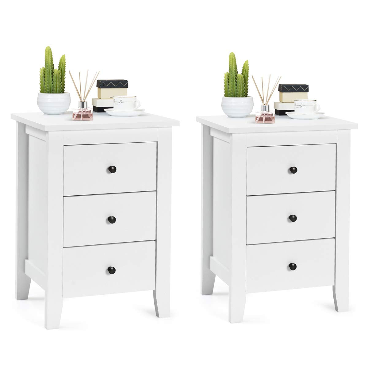 Giantex 2Pcs Bedside Table, Nightstand w/ 3 Drawers & Solid Wood Legs
