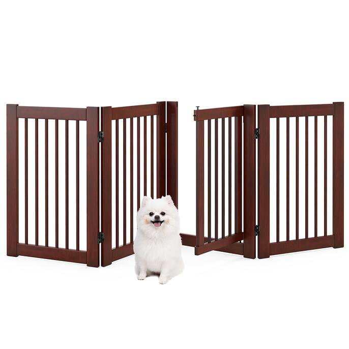 Freestanding Pet Gate, 4 Panel Wooden Folding Dog Fence w/Walk Through Door