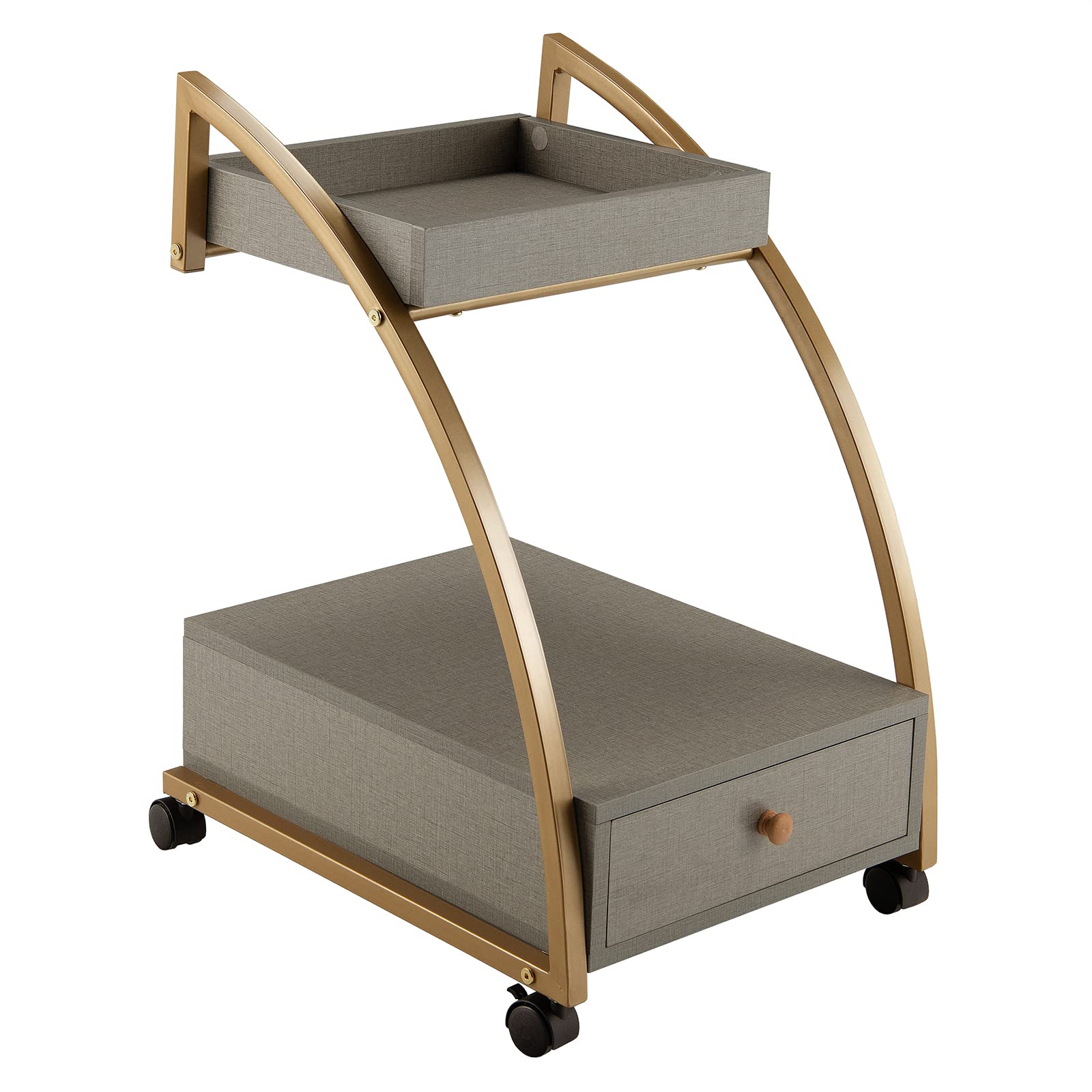Giantex Rolling Side Table, 2-Tier End Table w/Drawer, C-Shaped Sofa Side Table, Grey & Gold