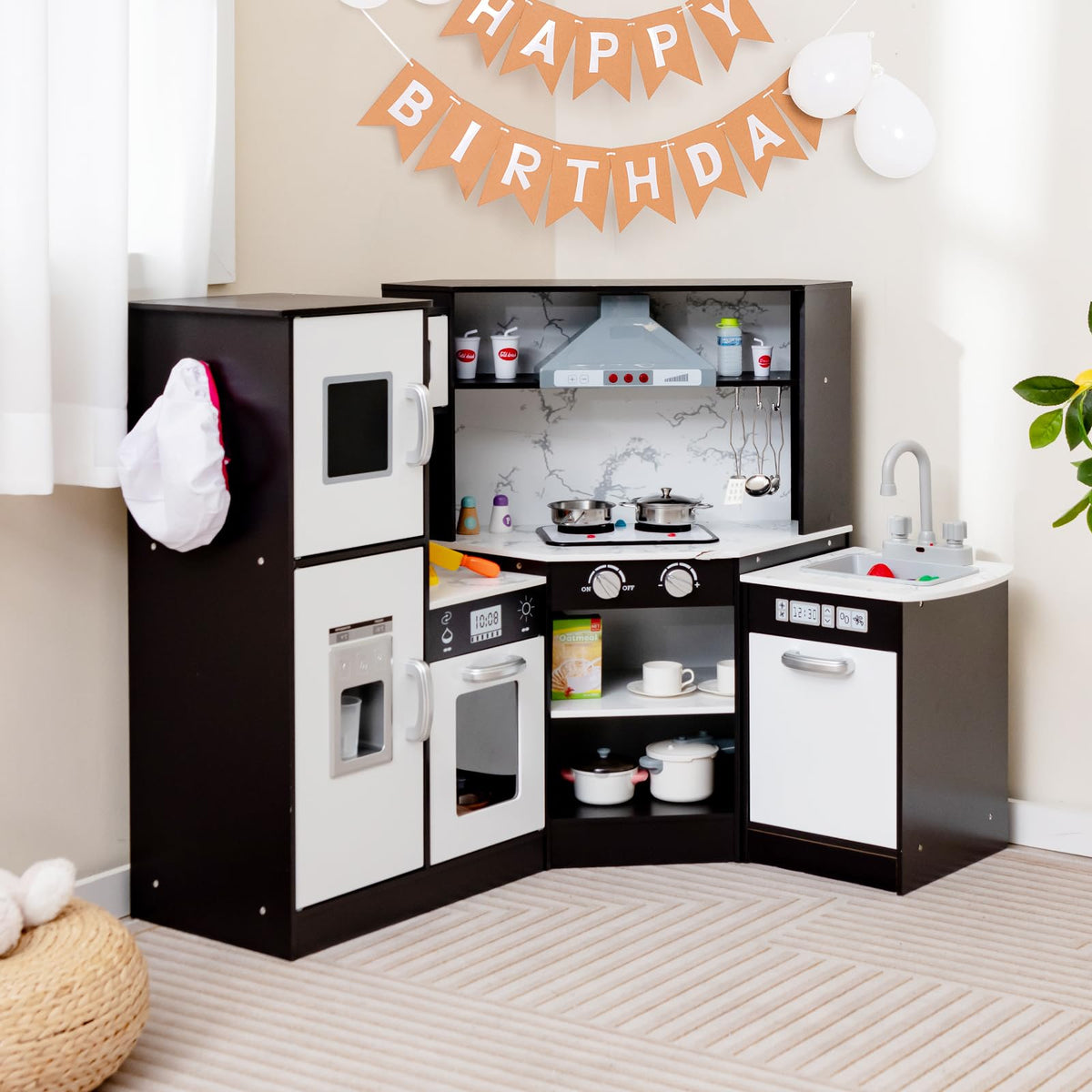 HONEY JOY Kids Corner Kitchen Playset, Wooden Pretend Play Kitchen