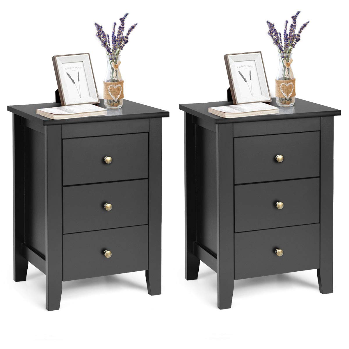 Giantex 2Pcs Bedside Table, Nightstand w/ 3 Drawers & Solid Wood Legs