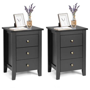 Giantex 2Pcs Bedside Table, Nightstand w/ 3 Drawers & Solid Wood Legs