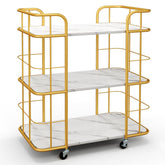 Gold Bar Cart, Home Island Service Cart, 3 Tier Storage Shelves with Guardrail, Imitation Marble Top