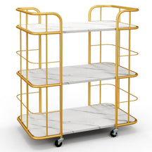 Gold Bar Cart, Home Island Service Cart, 3 Tier Storage Shelves with Guardrail, Imitation Marble Top