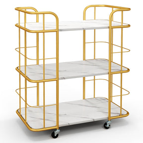 Gold Bar Cart, Home Island Service Cart, 3 Tier Storage Shelves with Guardrail, Imitation Marble Top