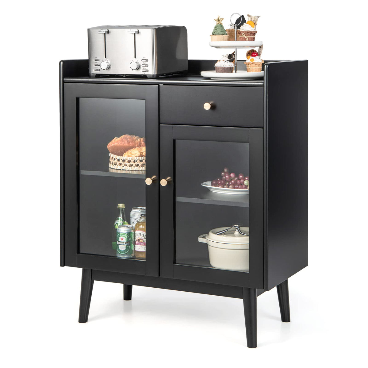 Giantex Mid-Century Modern Buffet Cabinet, Kitchen Sideboard with 2 Tempered Glass Doors & Pill-Out Drawer
