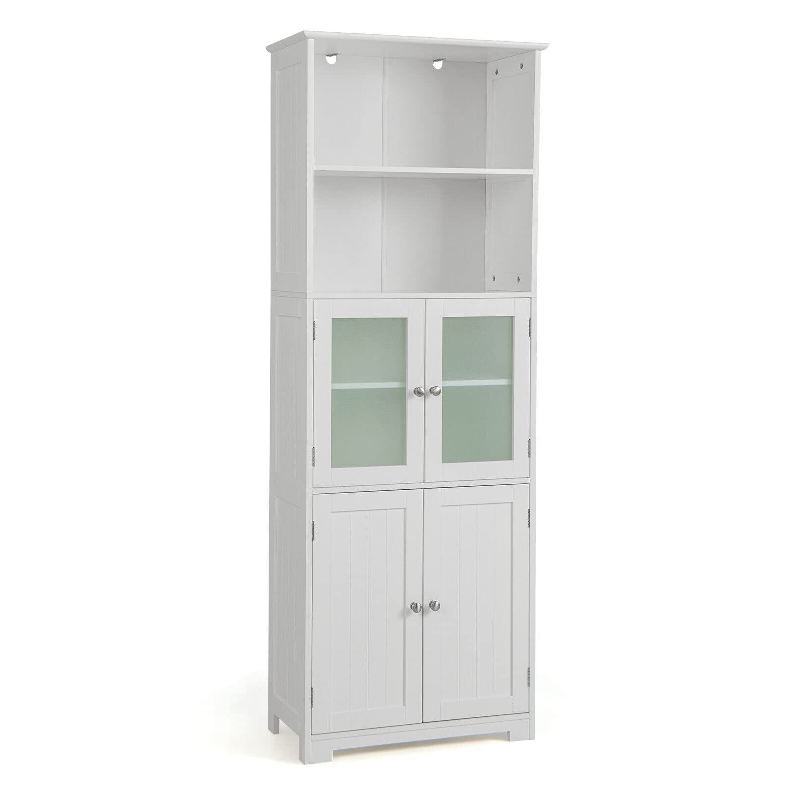 Giantex Freestanding Bathroom Storage Cabinet, Kitchen Pantry Cupboard with Glass Doors, White