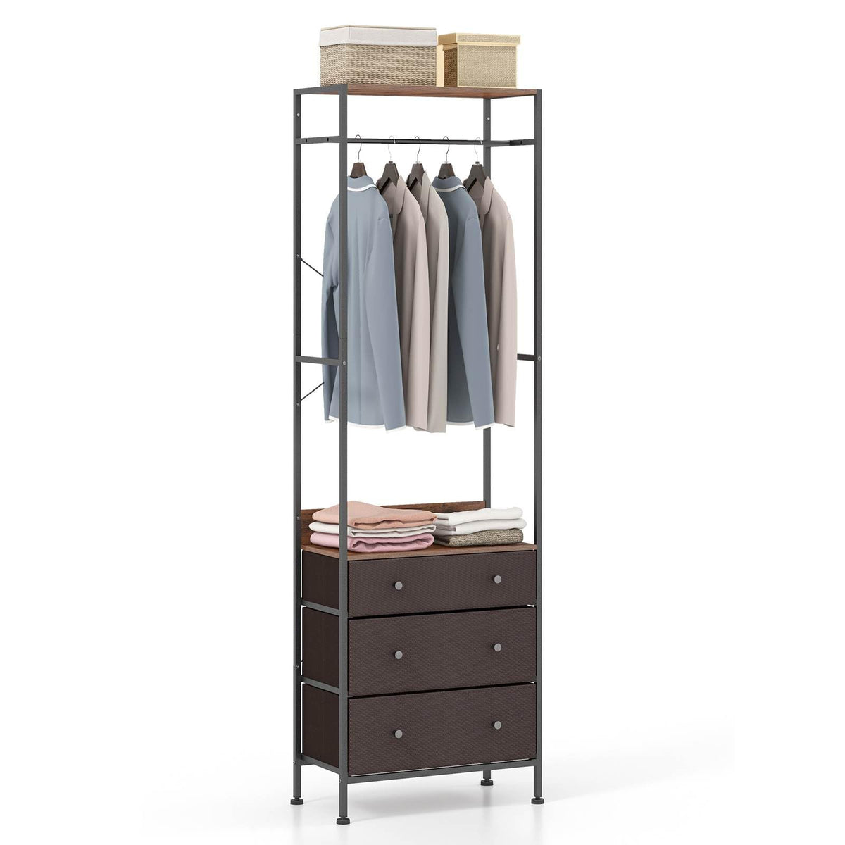 Freestanding Closet Organizer, Clothing Stand Dresser w/ 3-Position Hanging Rod & Storage Shelves