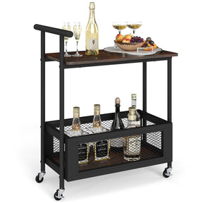 Rolling End Table with Handle, 2-Tier Sofa Side Table with Open Shelf & Mesh Basket