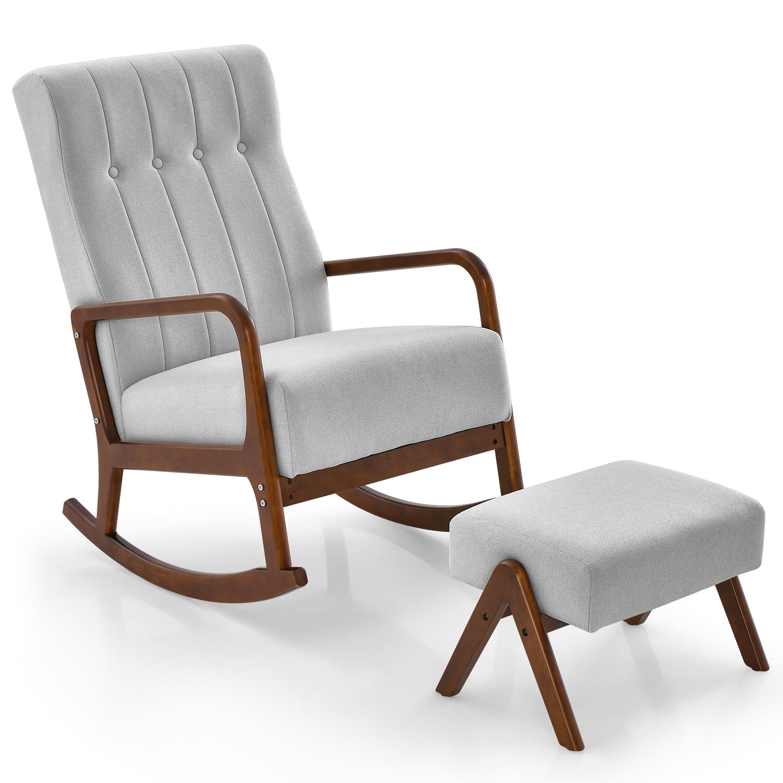 Giantex Rocking Chair with Ottoman, Upholstered Fabric Rocker with Solid Rubber Wood Frame & Padded Cushion